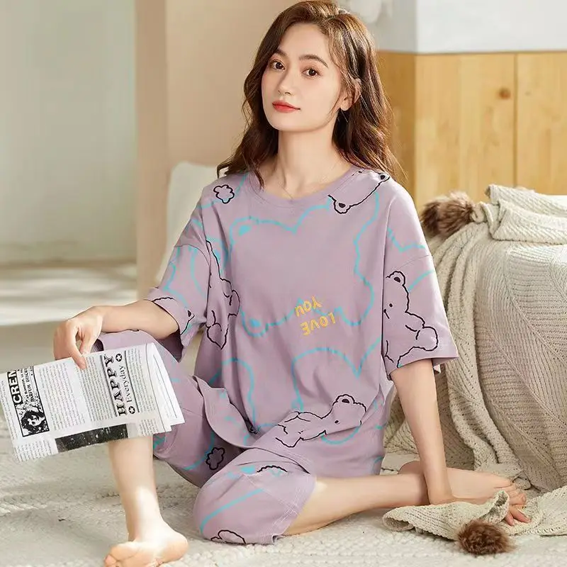 Pajamas Women Seven-Minute Trousers Thin Section Suit Large Size Air-Conditioning Clothing Brown Bear Home Wear Pink Can Be Worn