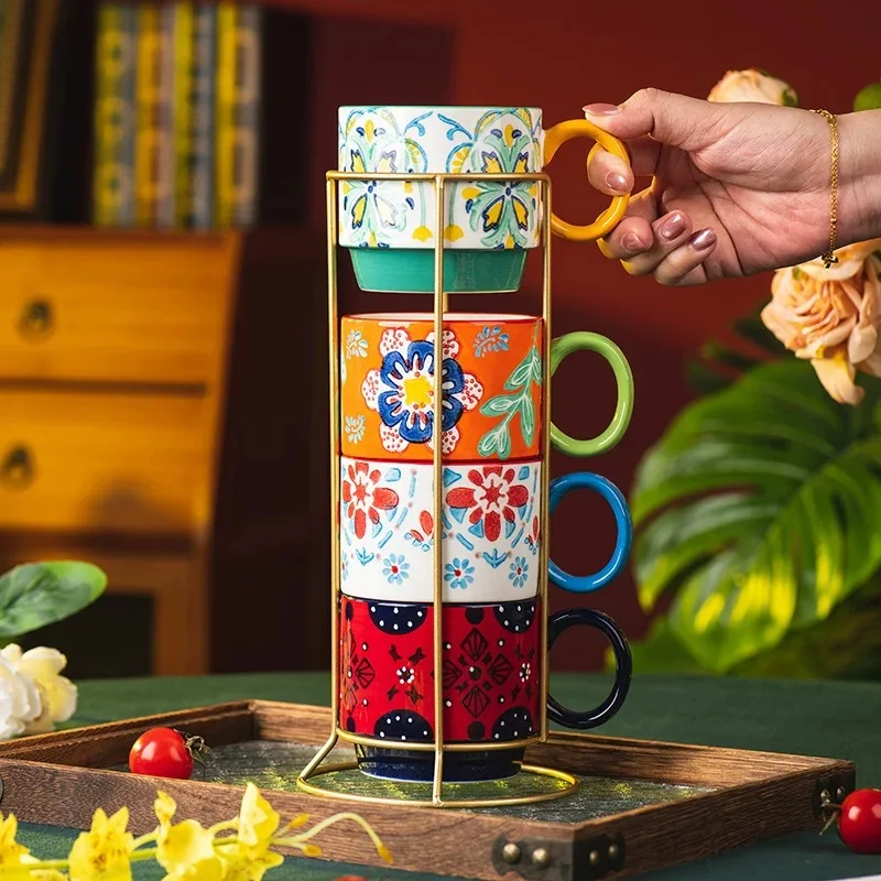 Wholesale Stacked Ceramic Coffee Mug Set Cartoon Style 370ml Capacity Party Use Home Couple Dishwasher Microwave Safe Customized