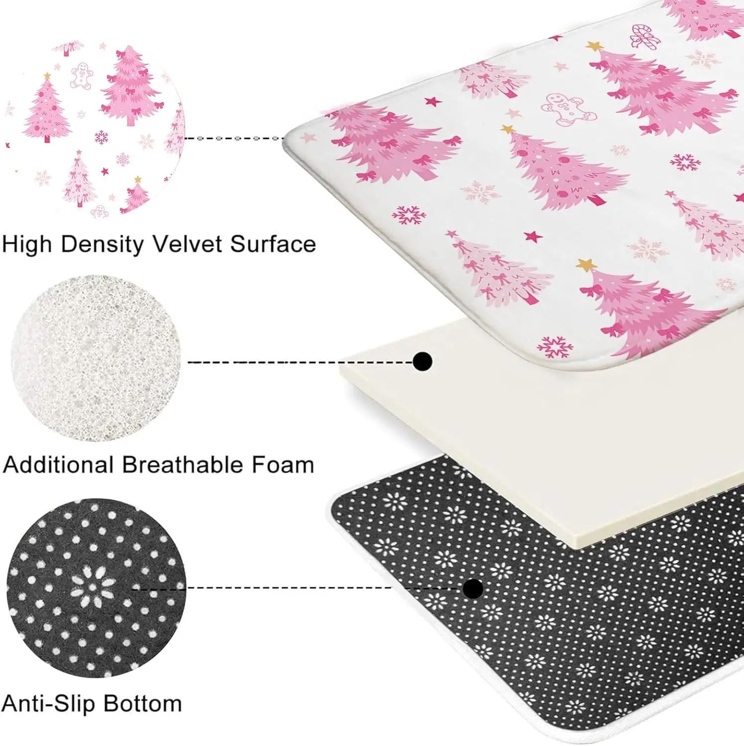 4pcs Set Tirai Kamar Mandi Natal Motif Pohon Natal Pink Lucu dengan Keset Kamar Mandi Anti Selip yang Dapat Dicuci, Penutup Tutup Kloset