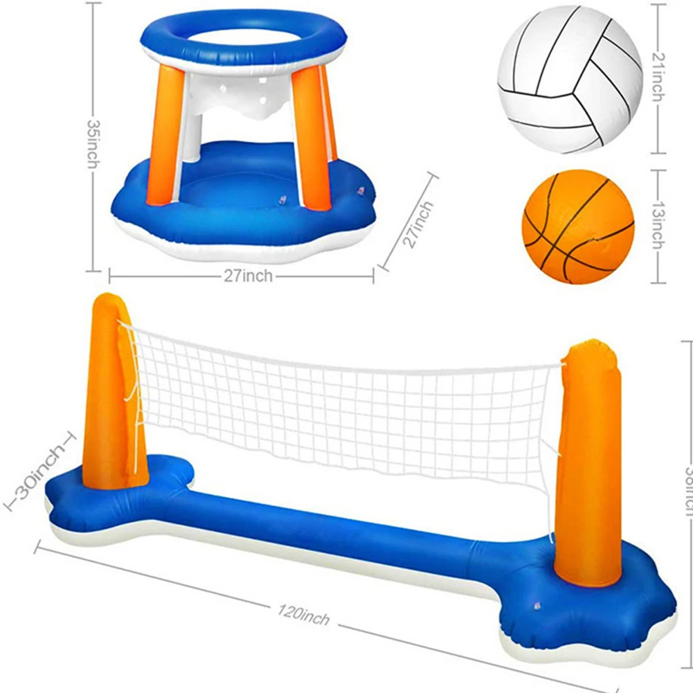 Floating Volleyball Set 2 Balls Pool Volleyball Set & Basketball Hoop Pool Basketball and Volleyball Game for Summer Water Fun