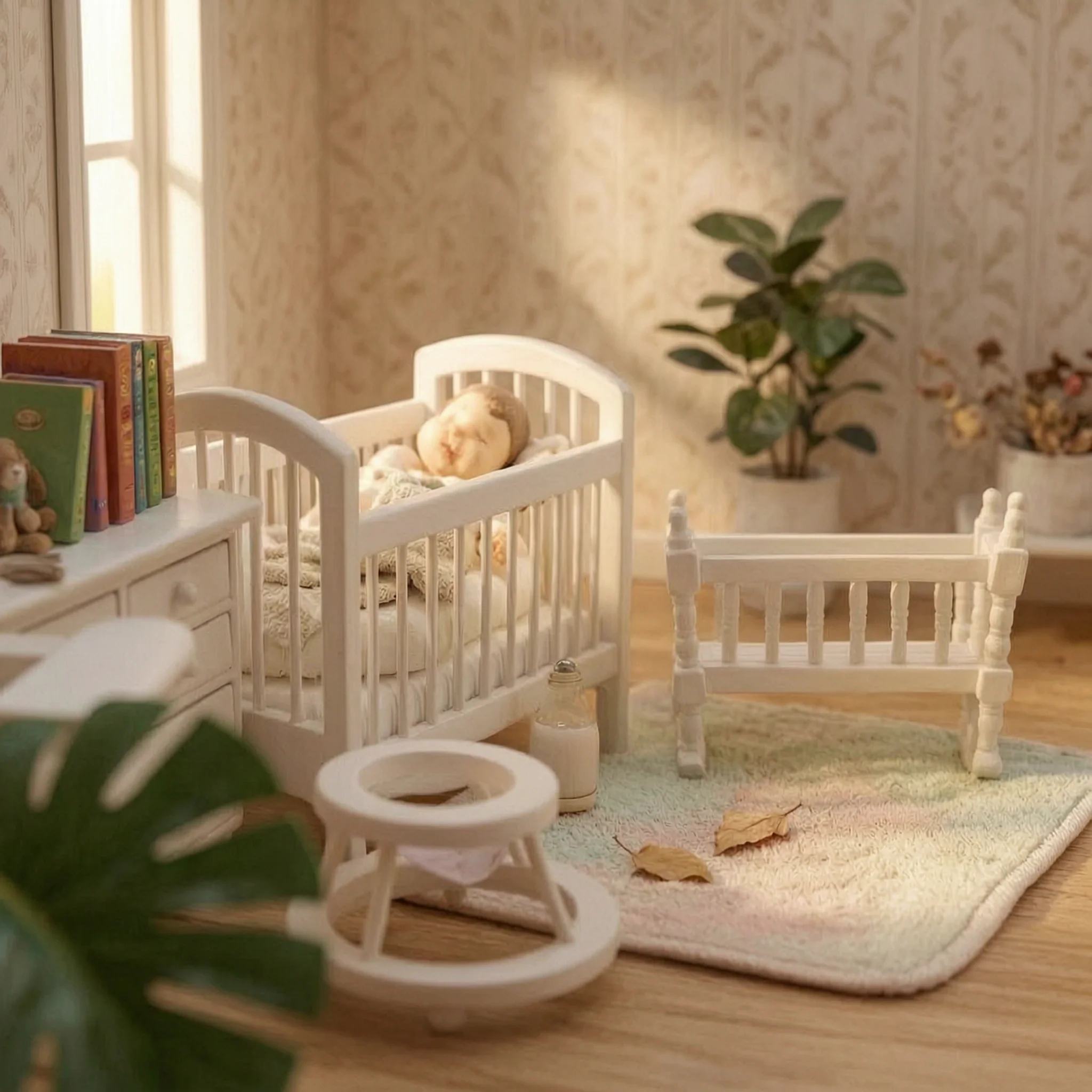 5 Pieces Dollhouse Nursery Set Wooden Dollhouse Furniture with Crib Crib White Closet Cute for Collectors