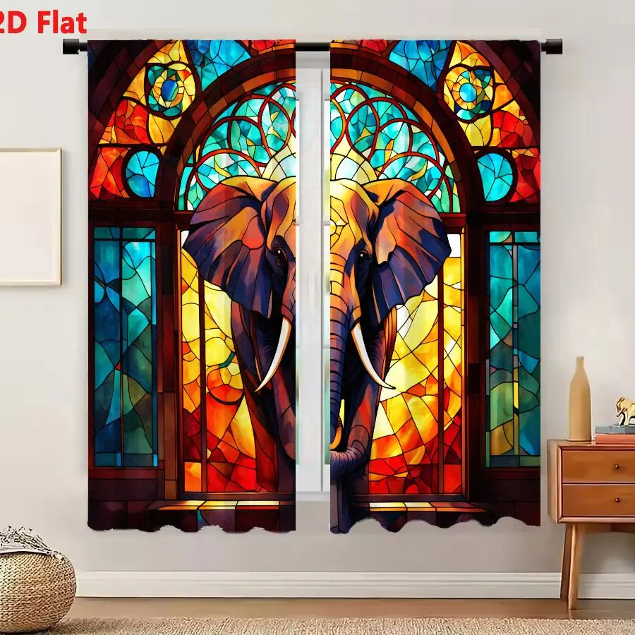 2Pcs Curtains 2D Flat Stained - Glass Style Elephant Illustration: Majestic Central Figure With Curled Trunk, White Tusks, And W