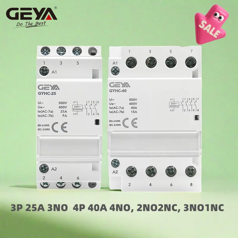 

SALE GEYA 3P 25A Contator 4P 40A 4NO or 2NC2NO or 3NO1NC 220V/230V 50/60HZ Din Rail Household AC Modular Contactor
