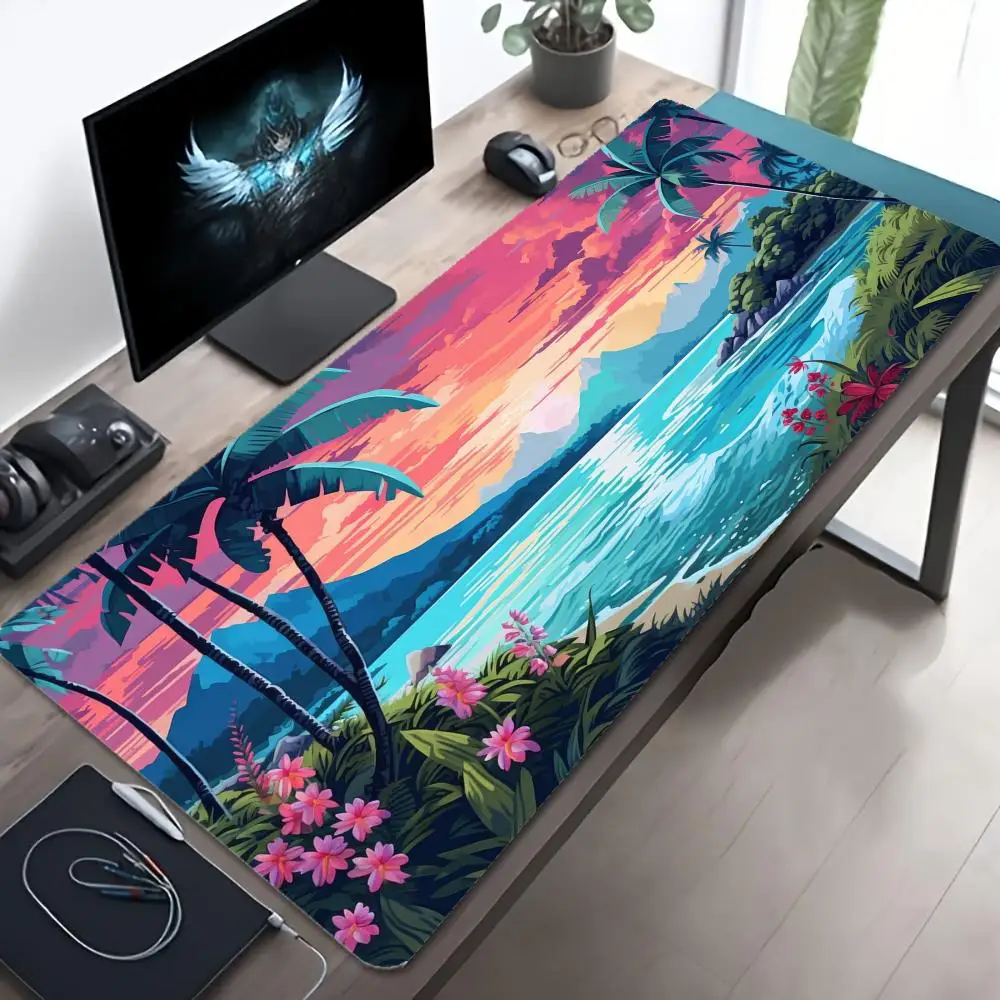 Tropical Beach Sunset Palm Ocean Scenery Large Gaming Mousepad XXL Deskmat Non‑Slip Rubber Game Mouse Mat Keyboard Desk Mats