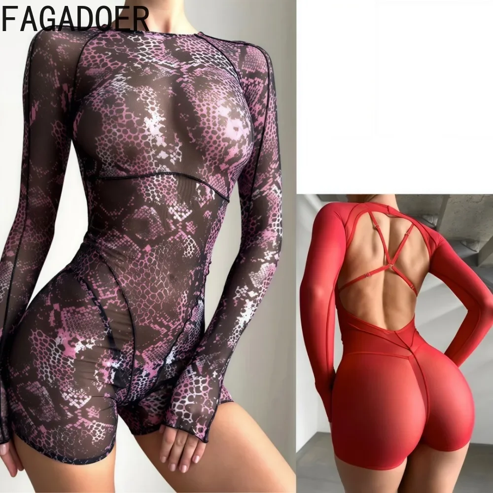 

FAGADOER Sexy Mesh Printed Rompers For Women See Through Backless Patchwork Bodycon Jumpsuits Fashion 2025 Spring New Overalls