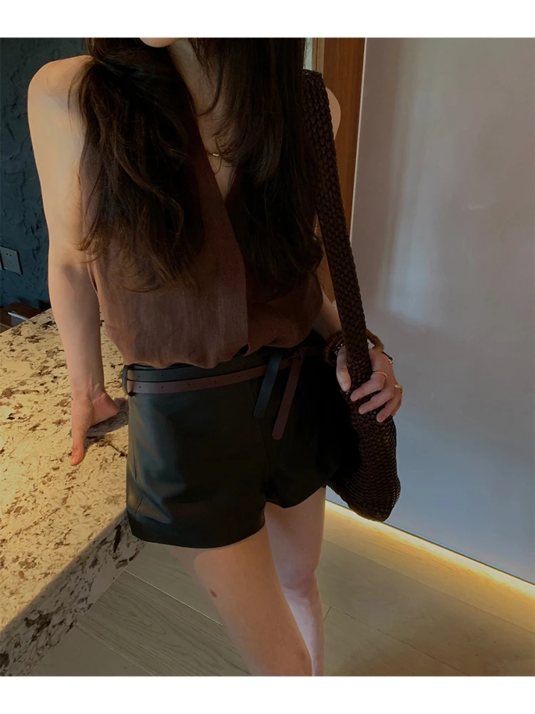 

Lightweight Soft eepskin orts Women's Summer Casual Pants A-Line Double Belt High Waist Straight Leg Commute Sle