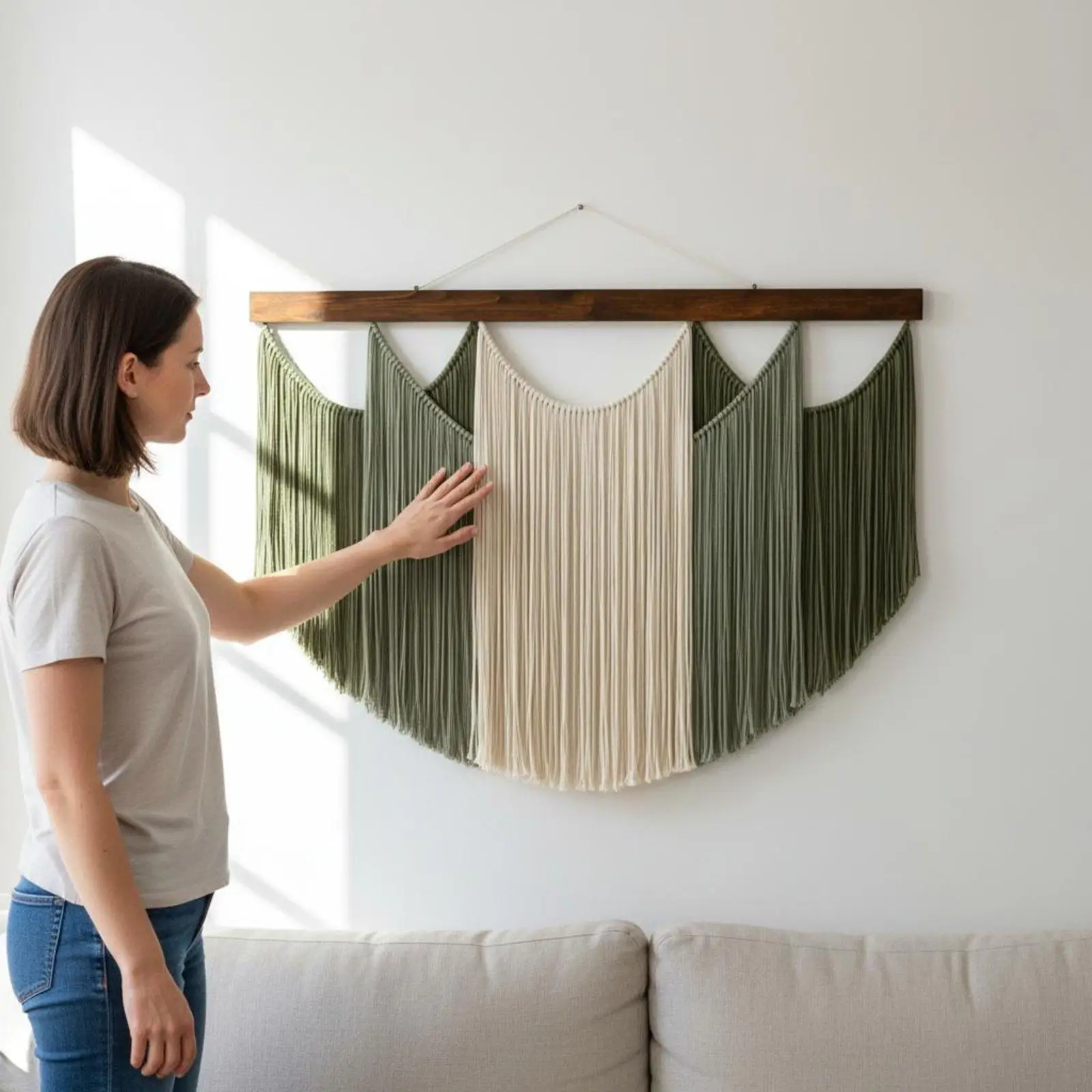 Handmade bohemian-style wall tapestry with tassels and textured pattern