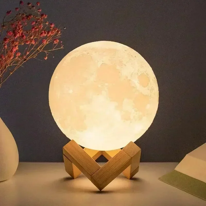 Lâmpada lunar de 8 cm - luz noturna LED com suporte, projetor de céu estrelado alimentado por bateria, presente de decoração de quarto para crianças/adultos