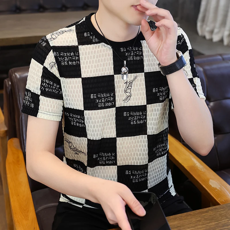 Summer New Men Short Sleeve T-shirt Korean Youth Contrast Print Plaid Stripe Patchwork O Neck Loose Casual Versatile Thin Top