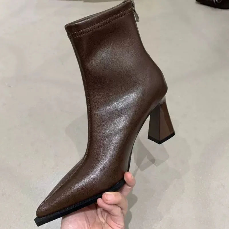 

Women's Pointed Toe Paneled Zip Block Heel Booties Fashion Soft Sole Non-Slip Booties