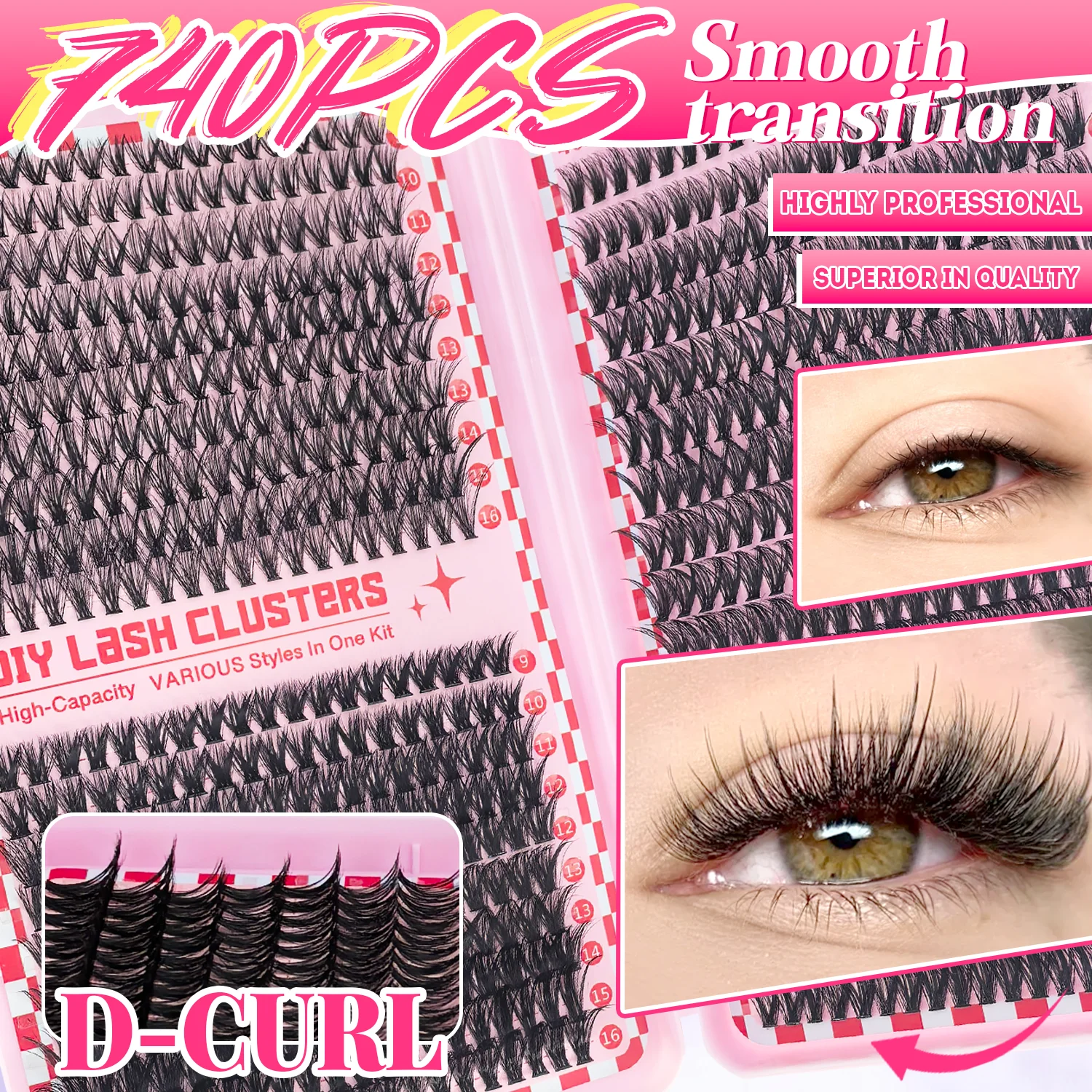 Kit de grappes de cils individuelles-200/640/690/740 pièces cils bouclés D Extra épais Look de cils vaporeux, maquillage pour les yeux de qualité Salon