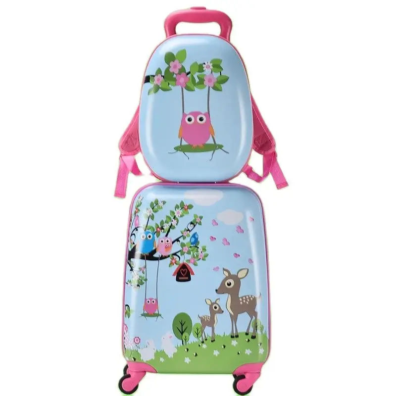 KO-KU Children Boarding Rrolley Case 13 and 18 Inch Universal Wheel Cartoon Pattern Luggage Students Schoolbag Trolley Set