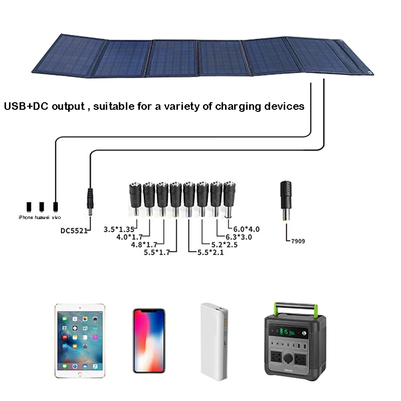 60W 100W Solar Panel Portable Folding Bag USB+DC Output Solar Cell Charger Outdoor Power Supply for Phone Hiking Power Generator