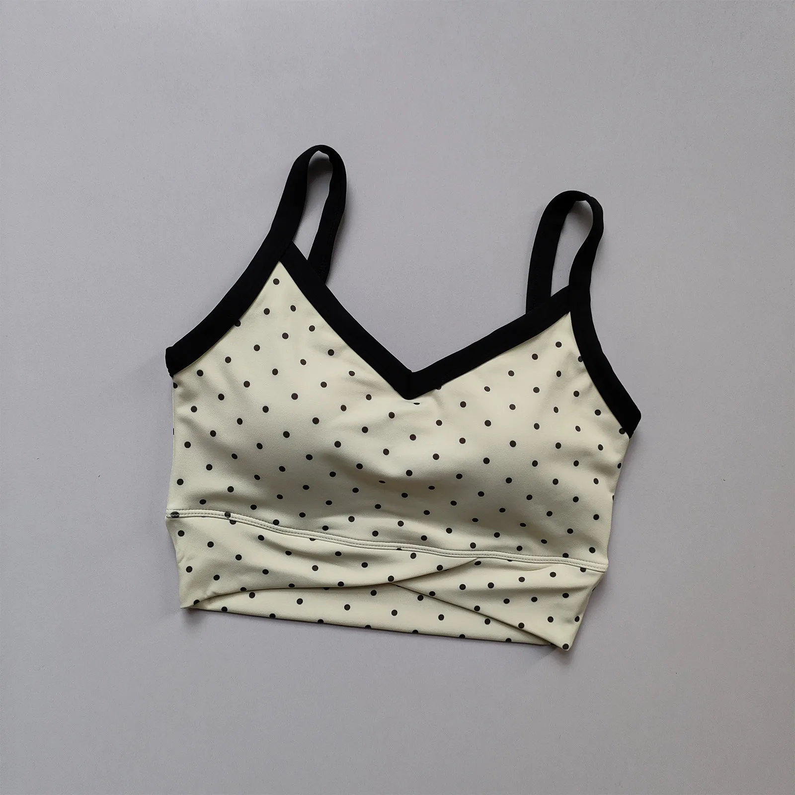 Gepunktetes Yoga-Camisole in Kontrastfarben, stoßfester All-in-One-Sport-BH mit integrierten Cups für Laufen, Pilates und Fitness, Damenbekleidung – Detail 9