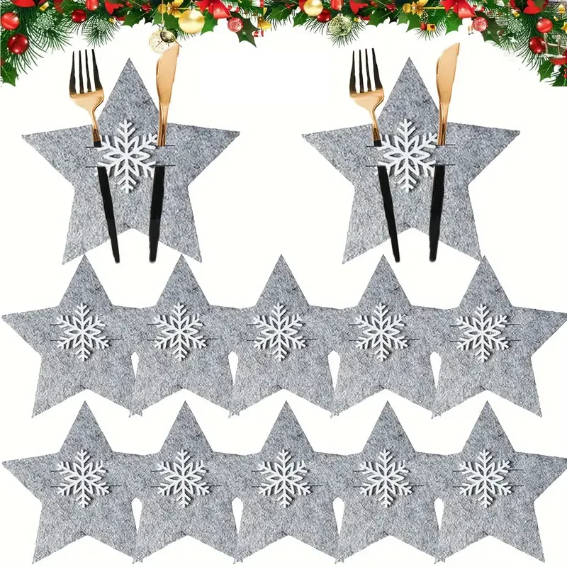 12pcs Christmas Cutlery Holder Knife Fork Spoon Pocket Bag Stars Tableware Cover New Year Xmas Party Dinner Table Decoration