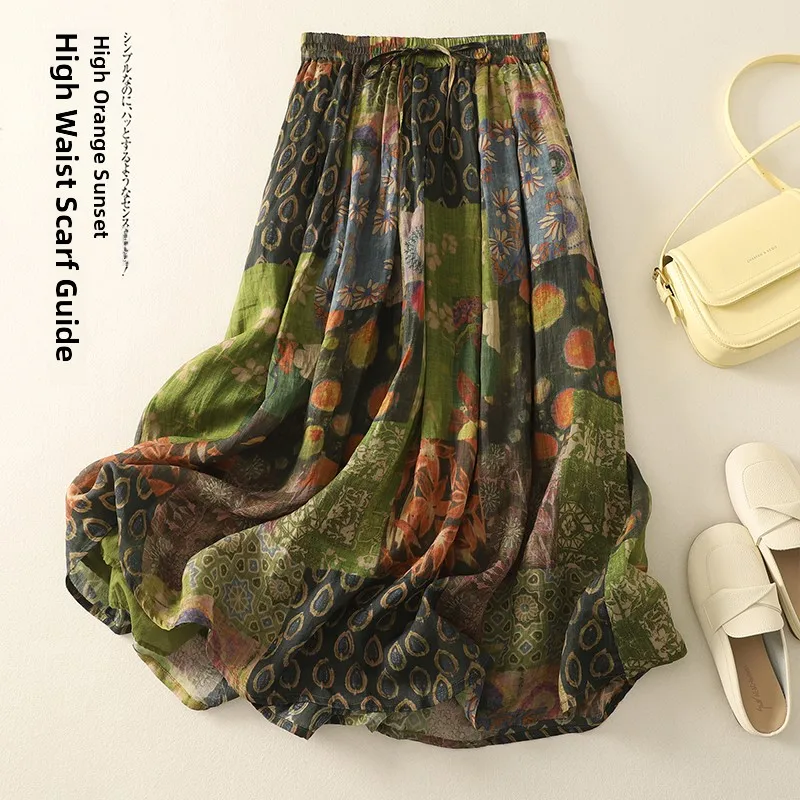 Falda Midi de Verano de Doble Capa, Estilo Retro, Informal, Versátil, de Lino y Poliéster Estampado, con Dobladillo Ancho y E...