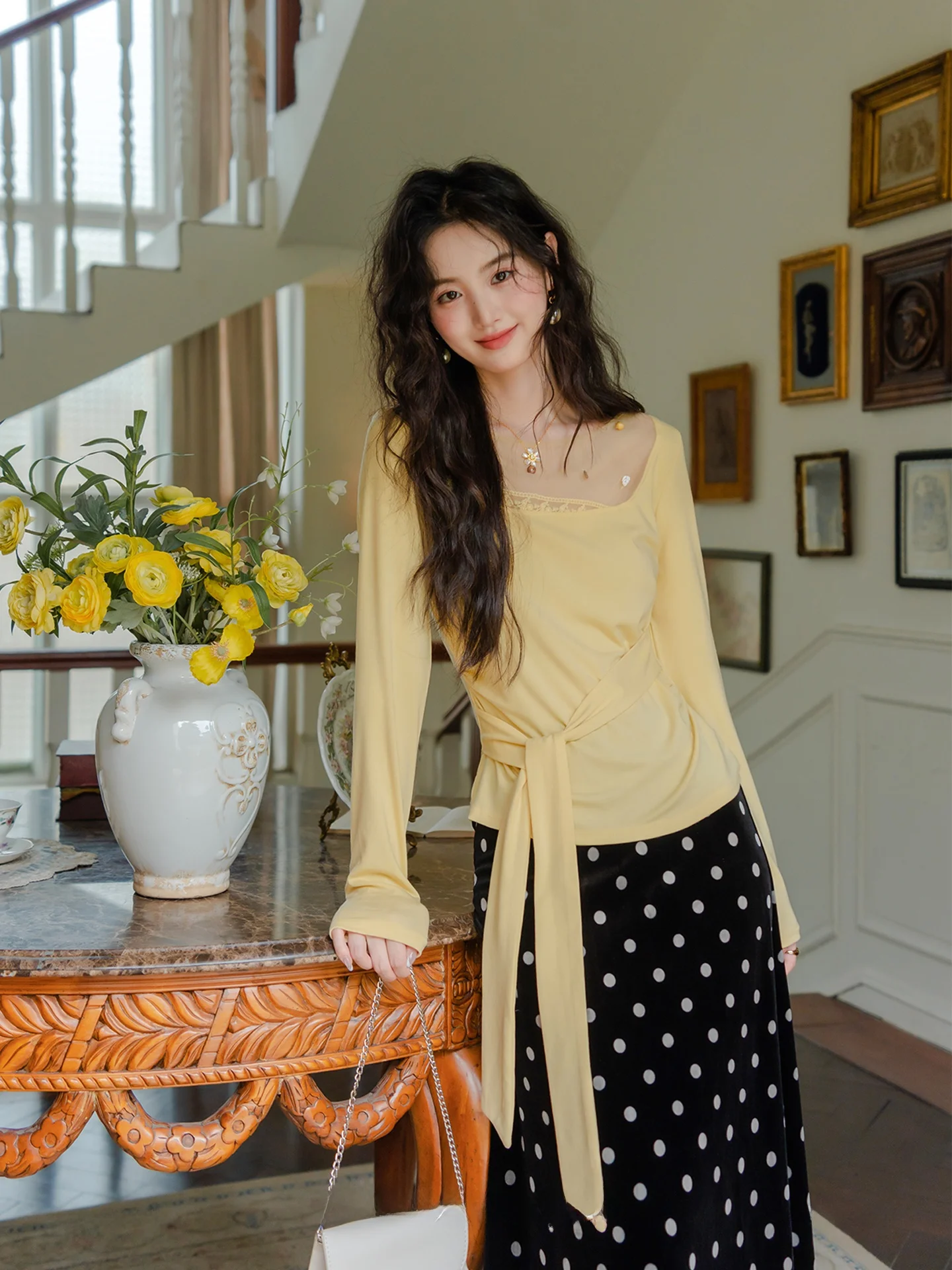 

Женская шелковая блузка French Sle с длинным рукавом и квадратным вырезом, приталенная, желтая, для ранней осени, подходит для повседневной носки