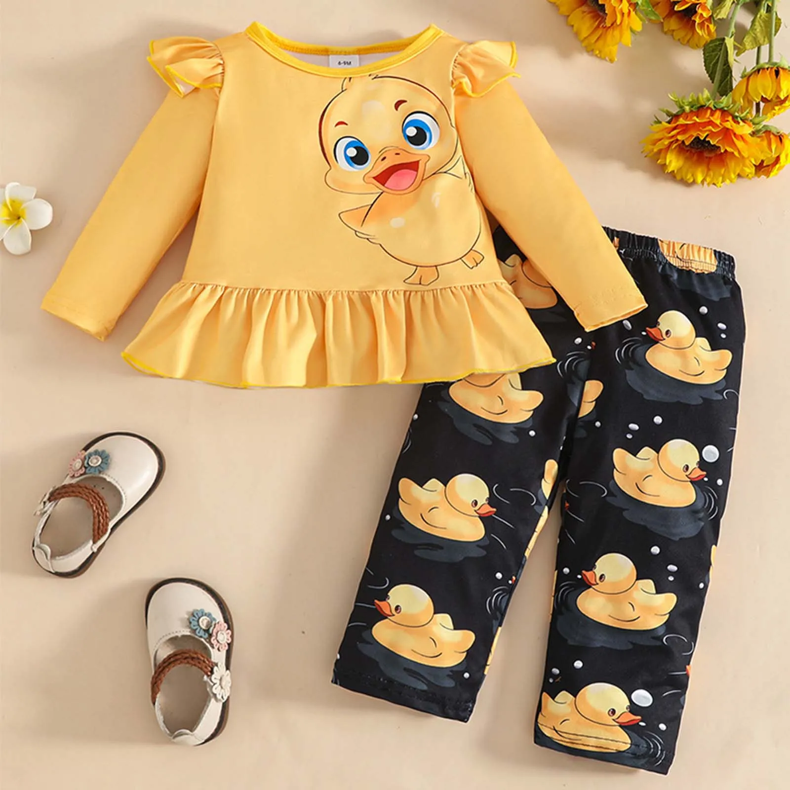 

2t Girl Clothes Girls Comfortable And Breathable Long Sleeved Cute Duck Prints Two Piece Set Baby Winter Girls Trendy Popular