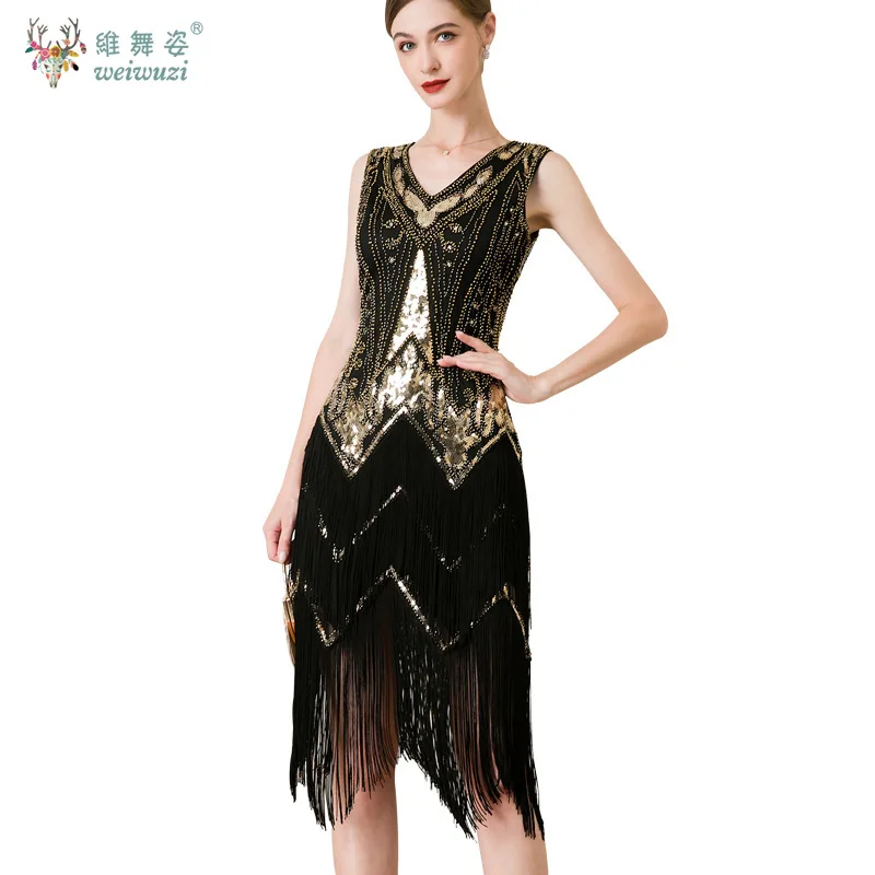 ギャツビー カクテル プロム ヴィンテージ スパンコール ビーズ ドレス パーティー ダンス ドレス セクシーな女性 1920 年代 ノースリーブ V ネック 二重層タッセル ドレス