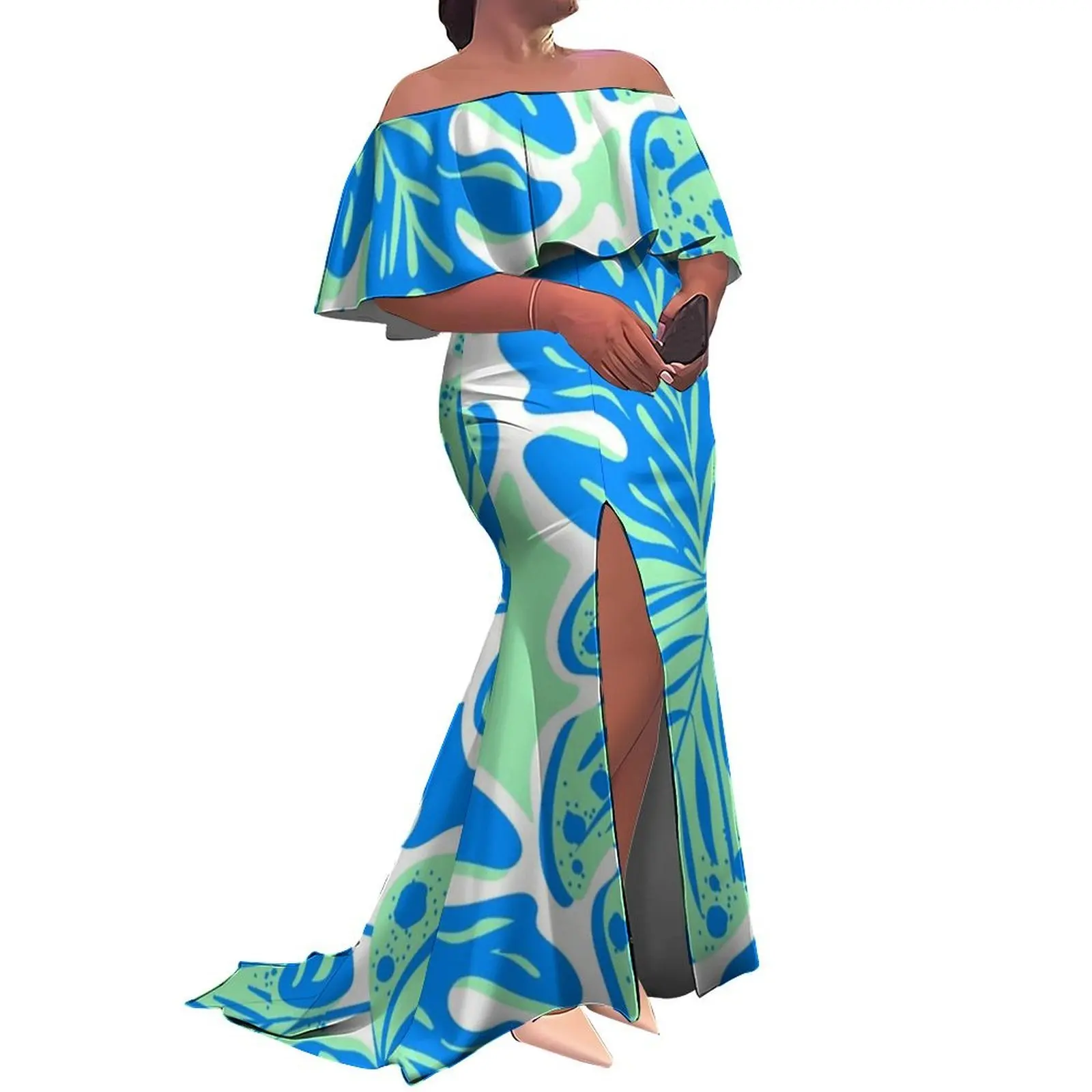 

Элегантное длинное платье с воротником в виде листьев лотоса и разрезом в пол, облегающее фигуру женское платье, полинезийское вечернее платье с узором гибискуса на заказ