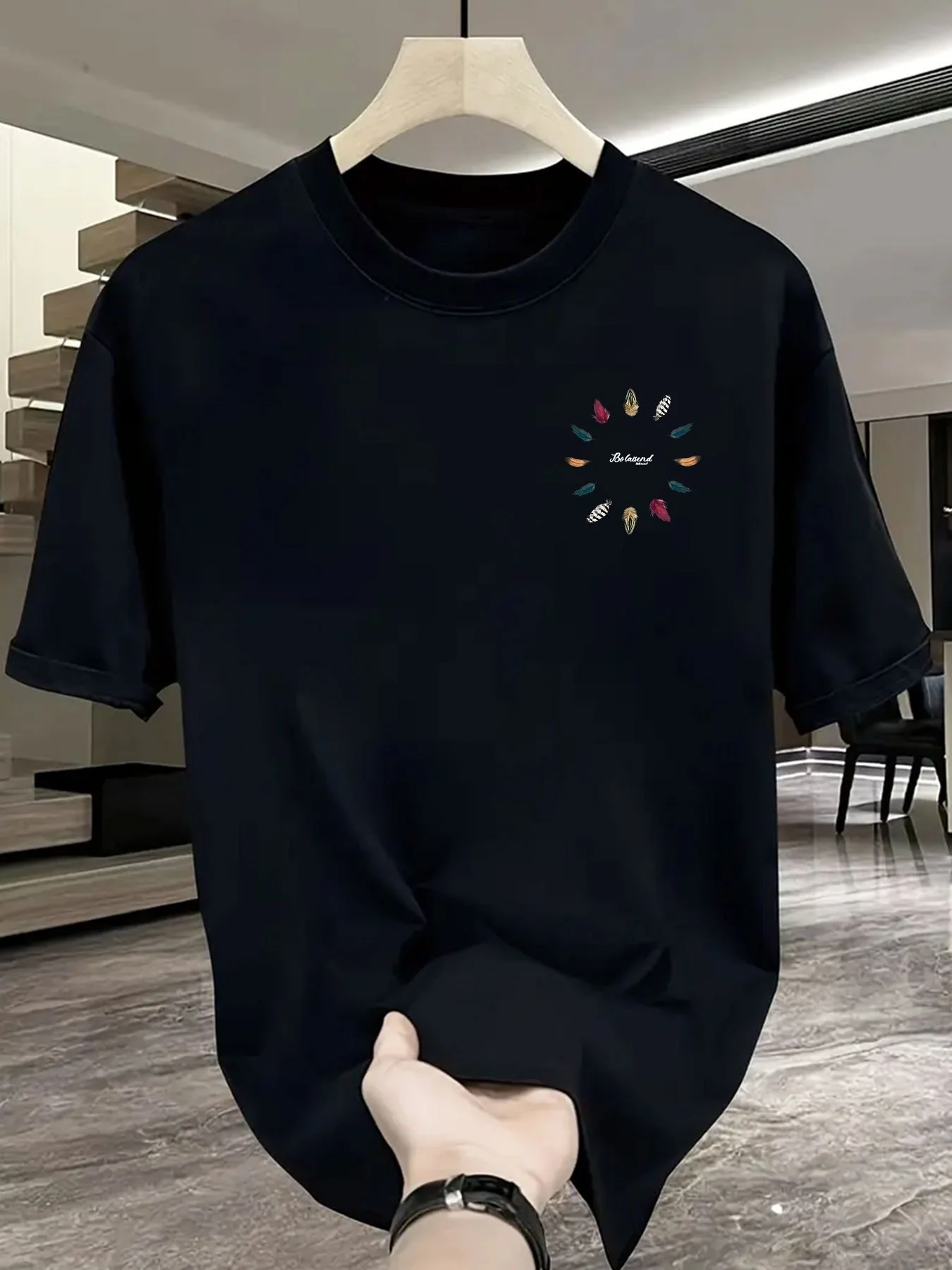Men's Summer 100 Cotton Fashionable Casual Colorful Feather Vitality Printed Loose Sports Round Neck Short Sleeve T-shirt Top view 5