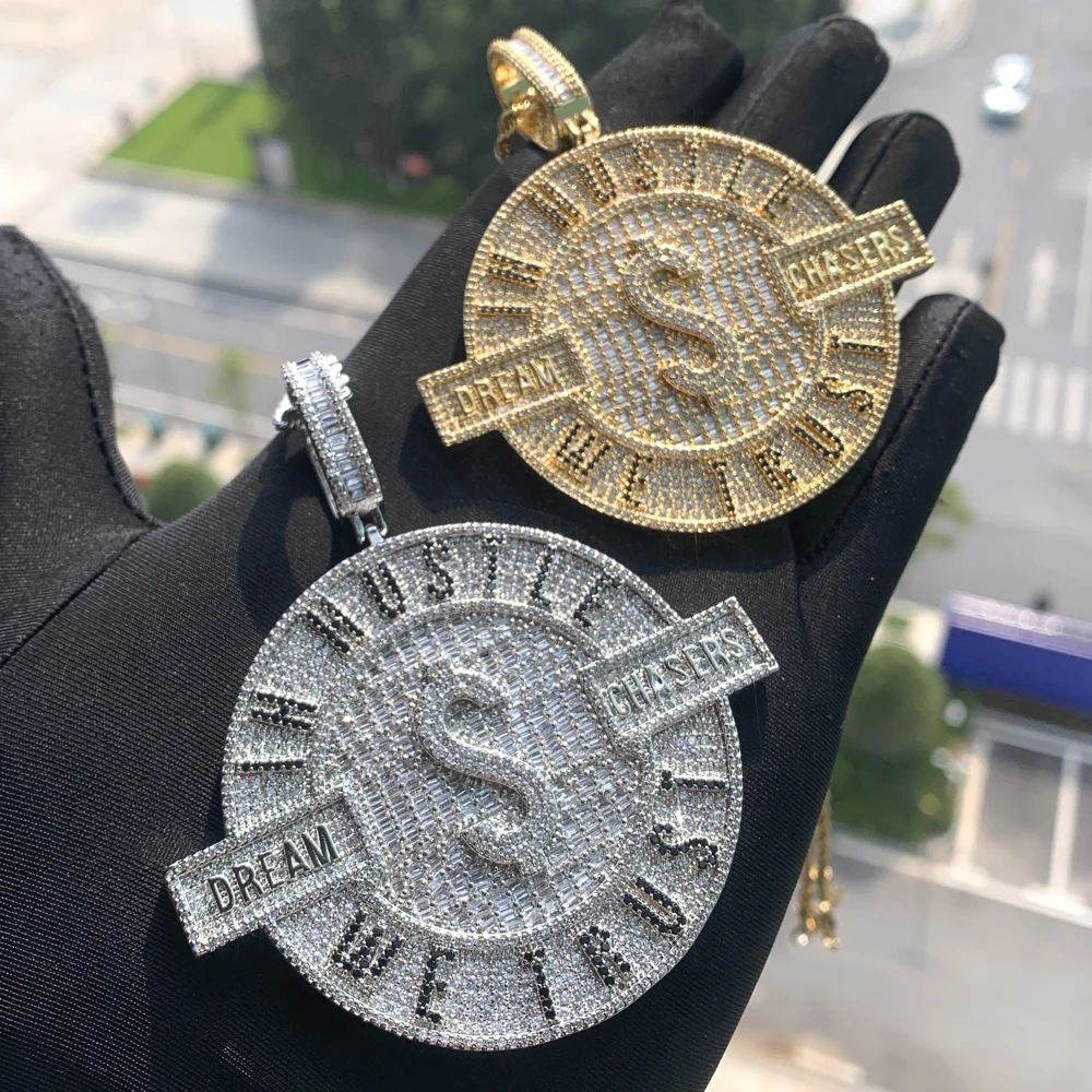 Iced Out 5A CZ We Trust In Hustle Money Dollar Dream Chasers Hip Hop Men Pendant Necklace Bling Cool Jewelry