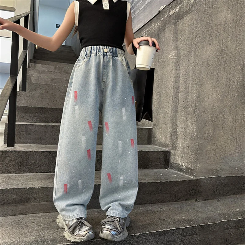 Girls' summer jeans 2024 new model 5-12 years old 15 years old foreign style large children's thin loose painted tide pants