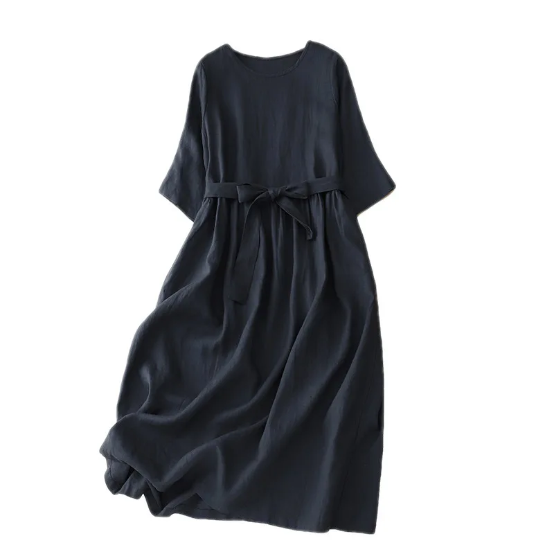 

2024 Summer Simple And Elegant Cotton And Linen Dress With Round Neck, Mid Sleeves, Waist Belt, Large Swing Long Skirt