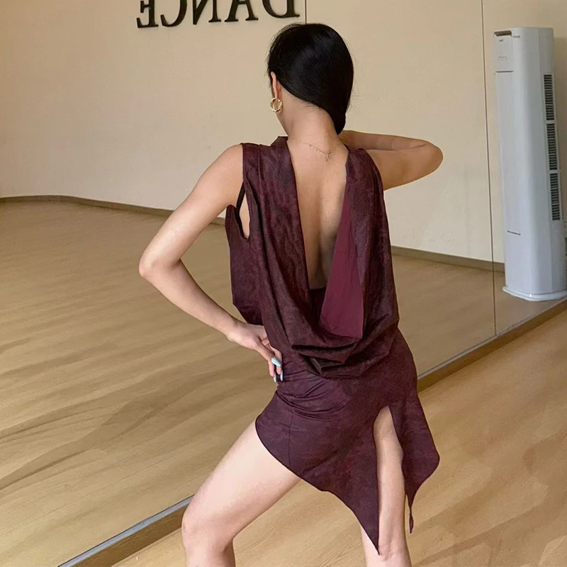 الكبار رومبا اللاتينية ملابس الرقص النساء ممارسة الملابس عارية الذراعين بلايز شق تنورة تشا تشا ملابس رقص فستان الأداء BL16911