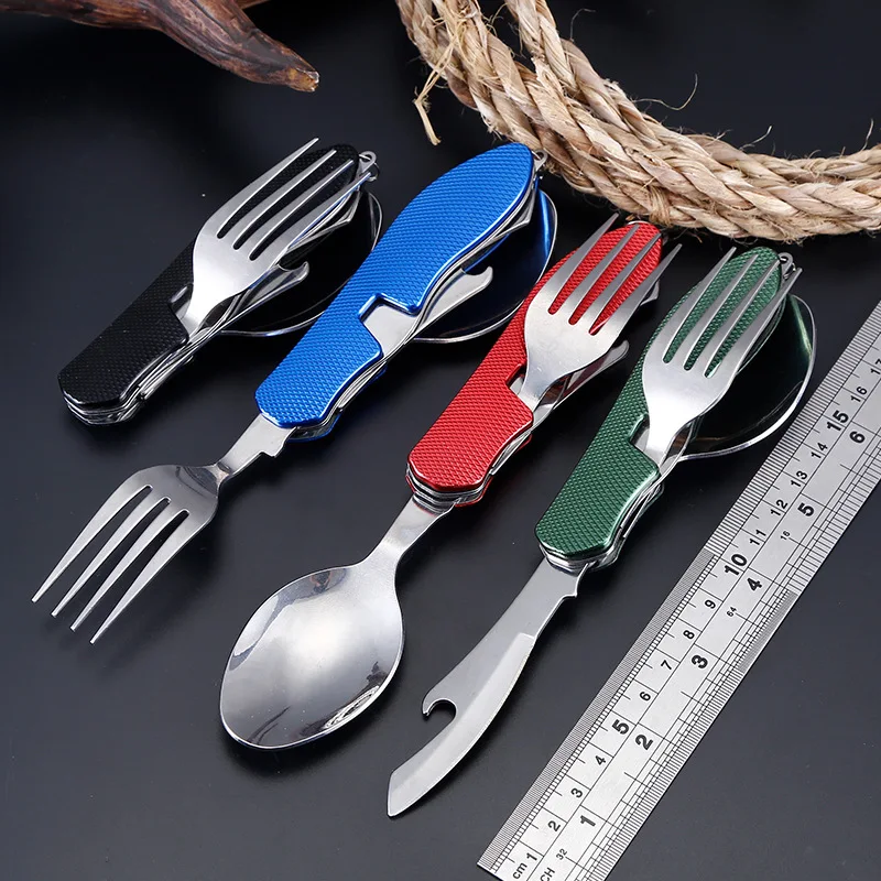 4 In 1 Outdoor Tableware Set Camping Cooking Supplies Stainless Steel Spoon Folding Pocket Kits Home Picnic Hiking Travel Tools