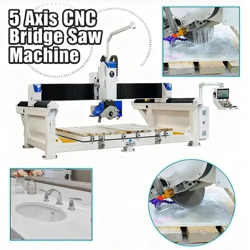 High-power 5 Axis 5+1 CNC Stone Bridge Cutter Marble Quartz Cutting Bridge Saw Machine for Making Kitchens and Bathrooms
