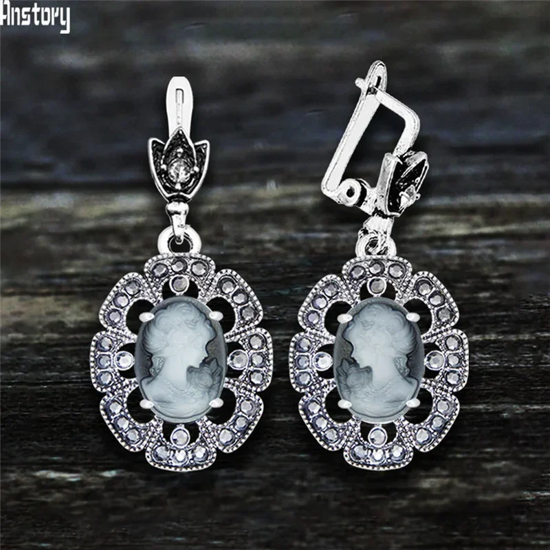 Plumflower Pendant Lady Queen Cameo Earrings For Women Antqiue Silver Plated Rhinestone Fashion Cameo Earring