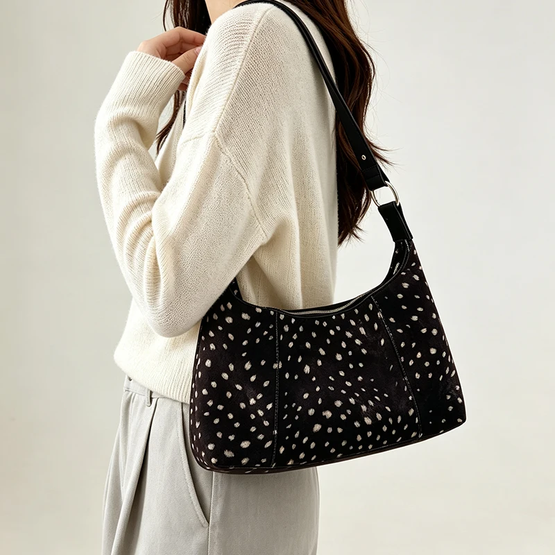 Deer Spots Schultertasche aus Kunstwildleder, Vintage-Handtasche für Damen, ideal für den Alltag im Herbst und Winter, große Kapazität, weich, lässig, mit Reißverschluss. – Detail 7