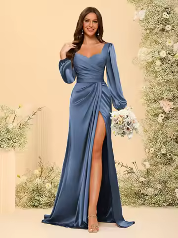 V Neck Satin Bridesmaid Dresses for Women with Slit Lantern Sleeves Pleated Maxi Formal Evening Dress