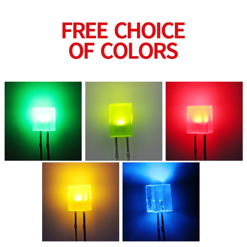 

1000 шт. квадратных светодиодов 5 мм (5x5x7 мм) с длинными и короткими выводами, красные, зеленые, синие, желтые, высокояркие светодиодные бусины