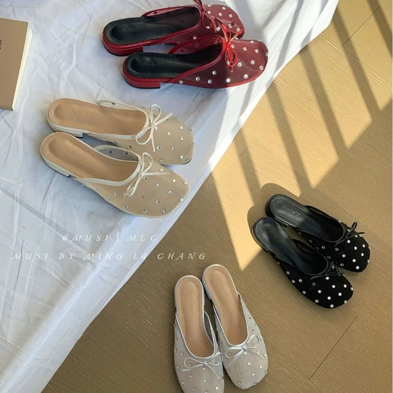 

Red Black Apricot Mesh Ballet Flats Summer New Retro Mesh Niche Design Cool Slippers Breathable Mesh Rhinestone Sandals