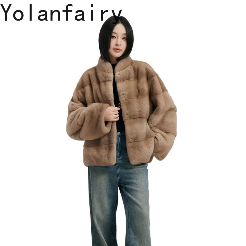 YOLANFAIRY Premium Grade Velvet Mink Jacket Woman Real Fur Coat Stand Collar Natural Whole Mink Fur Coats 61 Cm Winter Casaco