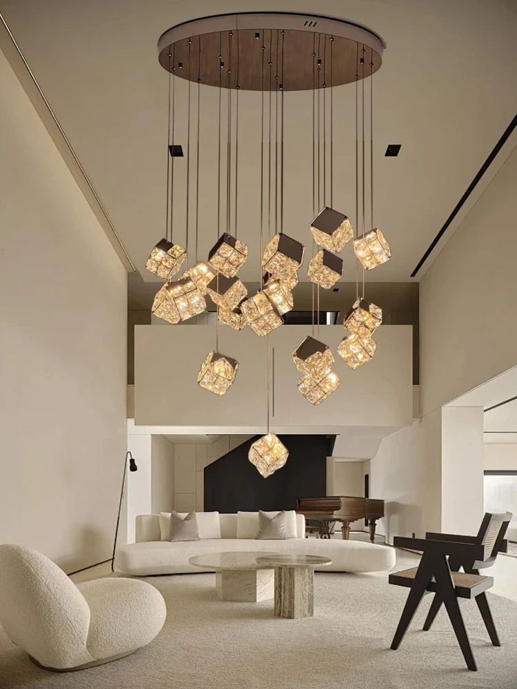 Luxury New Design Clear Cube Crystal Chandelier Lighting For Villa High Ceiling Home Decoration Stairwell Lustres