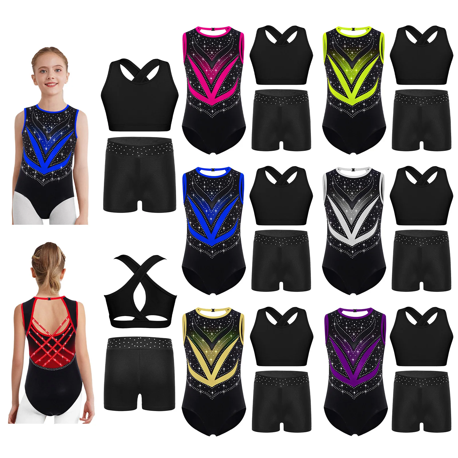 Set da ginnastica per balletto, sport, yoga, allenamento, per bambini, ragazze, senza maniche, incrociato sul retro, con strass e pantaloncini