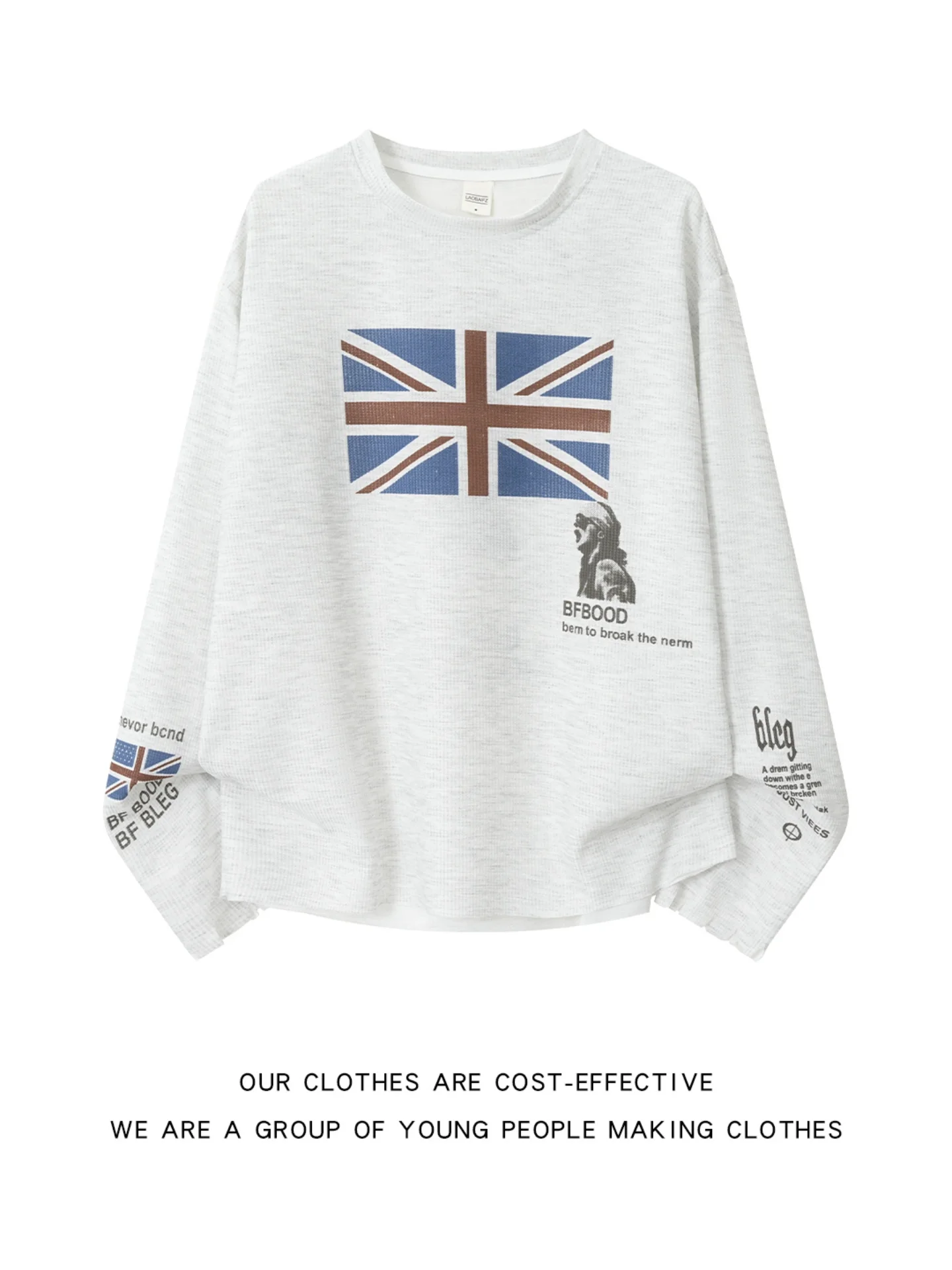 Street Style Worn-In Flag Print Long Sleeve T-Shirt Unisex Vintage Ripped Hem Design Top Breathable Comfortable Loose Fit Tee