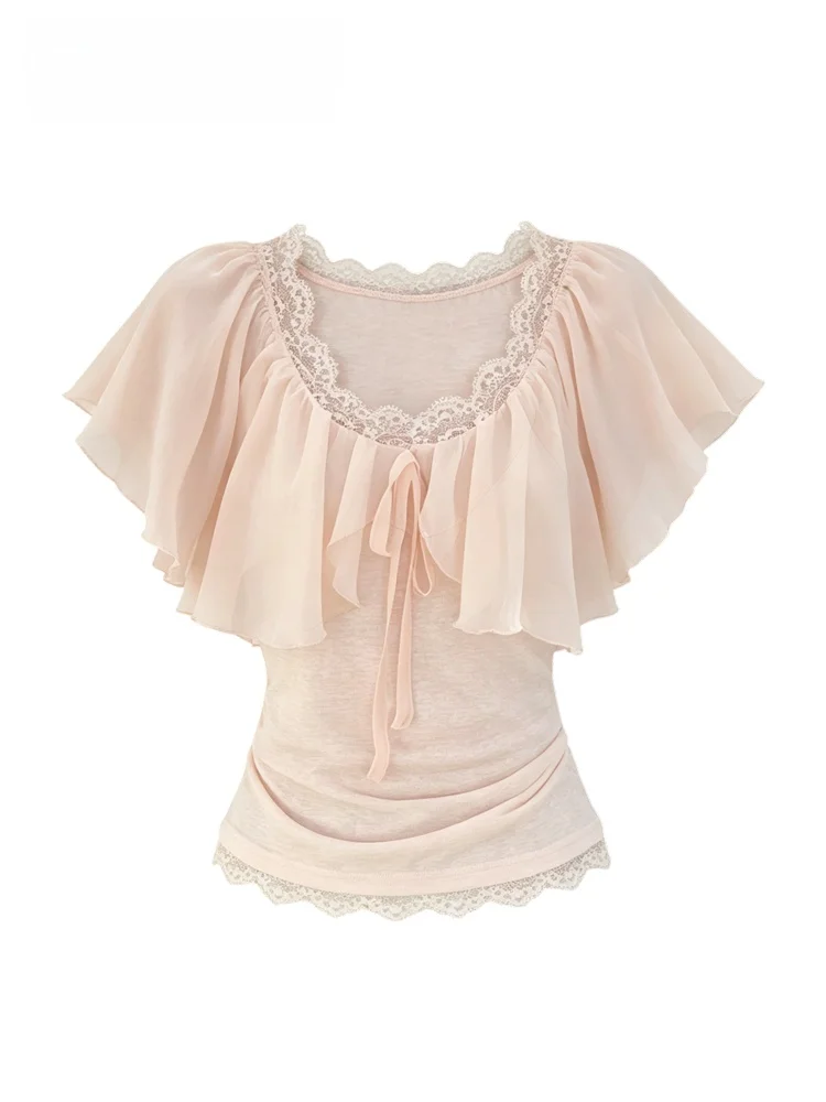 

Korean Style plus Size Women's Short Sleeve Shirt Summer Fashion Meat Concealing Top Polyester Fiber Casual Wear