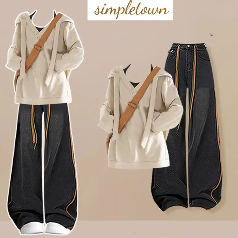 

Spring and Autumn Temperament Set Women's Casual Hooded Top+loose Retro Slimming Jeans Two-piece Set