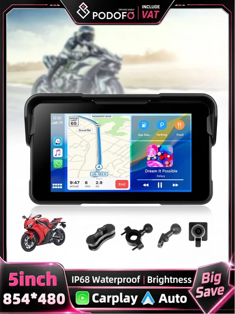 Podofo Tragbarer 5-Zoll-Motorrad-MP5-Multimedia-Player, universeller intelligenter Stereo-Monitor mit integriertem kabellosen Carplay, Android Auto, BT, FM für Motorrad-Audio-Video-Unterhaltungssystem