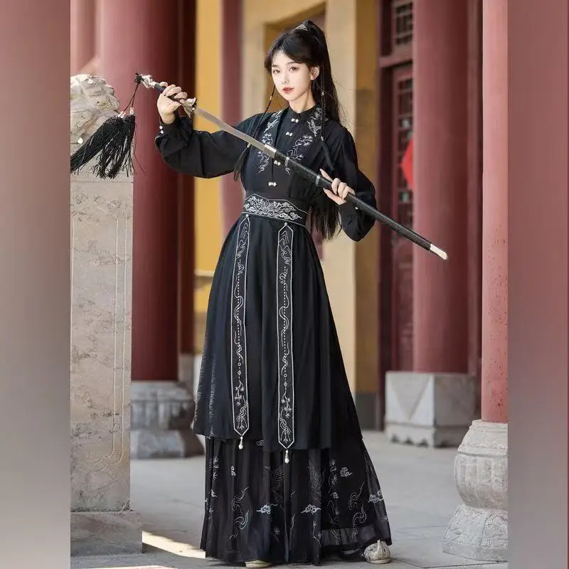 

Cool Black Wuxia Hanfu Men Women Traditional MIng Dynasty Standing Collar Bijia Skirt Set Halloween Martial Cosplay Clothing