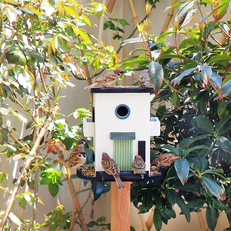 Outdoor bird feeder, wooden rainproof feeder, garden art decoration, garden villa