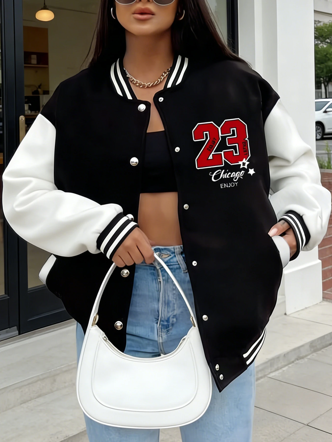 

Oversized Varsity Jacket Womens Chicago 23 Number Print Casual Fashion Baseball Coat Streetwear Style Freece Warm Clothing