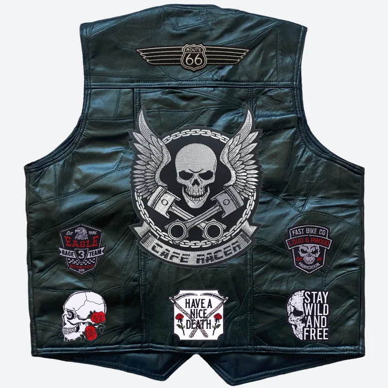 

Four 2023 Seasons Men Embroidery Vest Leather Biker Sleeveless Jacket Punk Retro Locomotive Sheepskin Motorcycle Vests Suit Coat