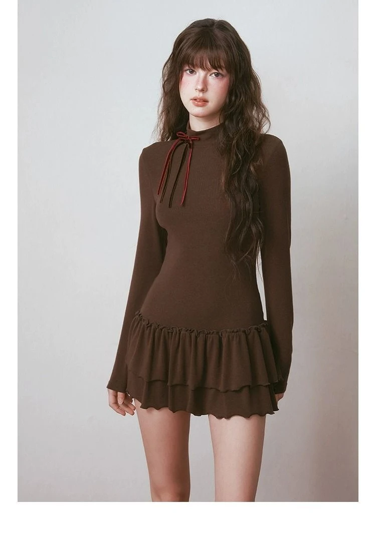 Vestido tipo camiseta de manga larga ajustado con cuello alto para mujer Otoño Invierno