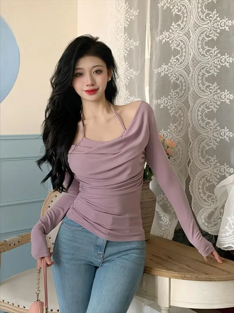 تي شيرت نسائي حلو وحار بقصة ضيقة ort Sve تي شيرت أرجواني قاعدة irt طويل Sve تخفيف Sle موسم الخريف Faion #5