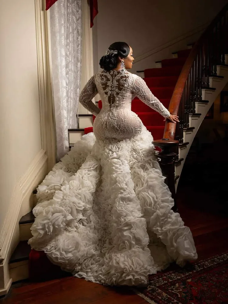 Customized Elegant Luxury Wedding Dresses Sexy Deep V Neck Long Sleeve Beaded Fishtail Puffy Trailing Hem Bridal Gowns